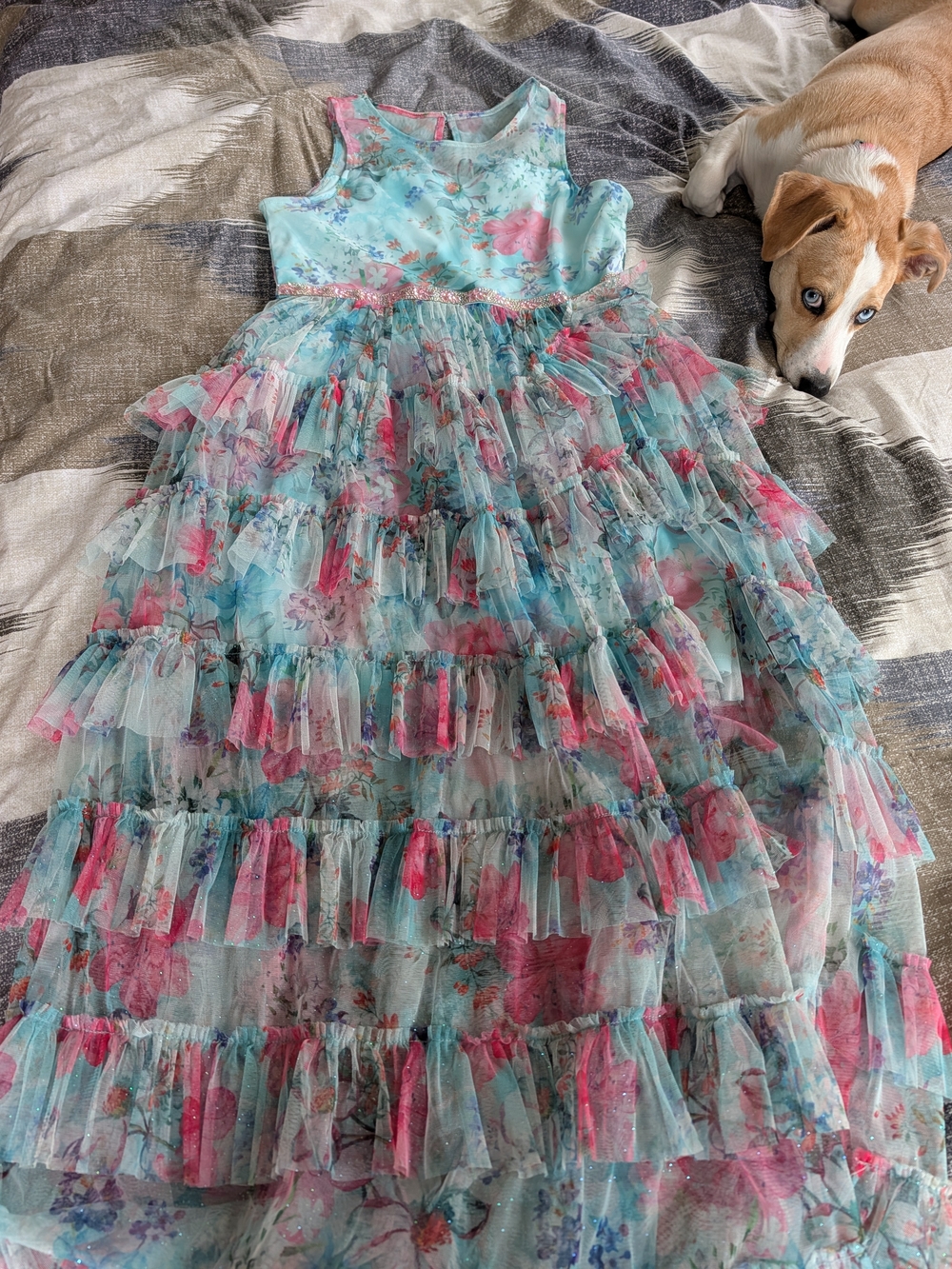 Rare Editions Floral Ruffle Tulle Dress in Aqua and Pink